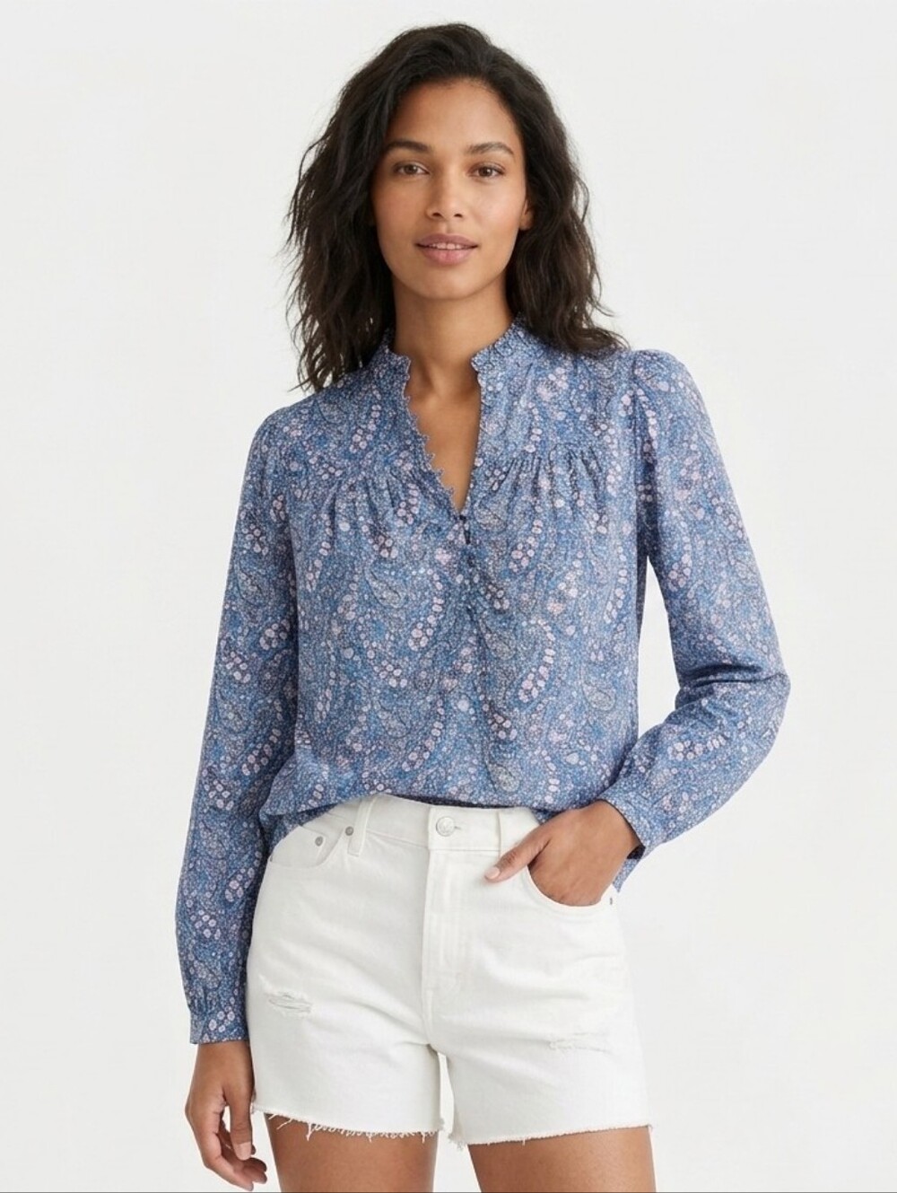 NWT J. Crew Liberty Blue Paisley Floral Button-Front Popover Blouse Cotton XXS